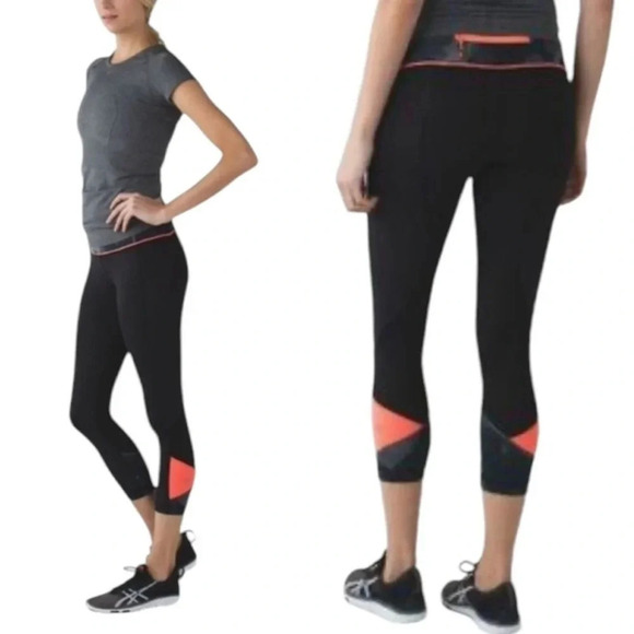lululemon athletica Pants - Lululemon Pace Rival Crop 22” Black Blooming Pixie Slate Coral Size 2